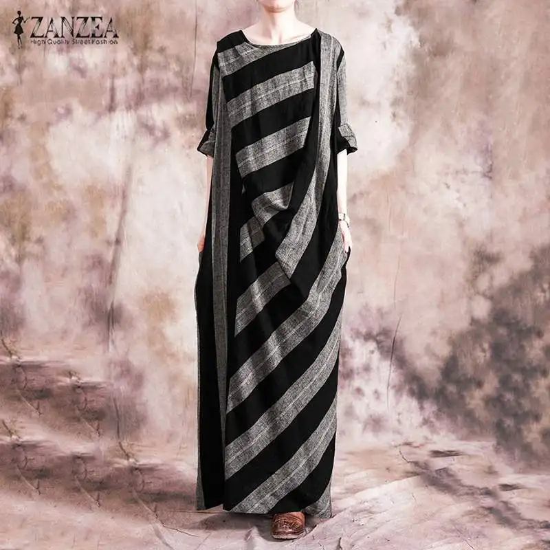 

ZANZEA Women's Casual Sundress Elegant Summer Striped Maxi Dress Long Sleeve Vestidos Female Cotton Robe Oversized Tunic Robe