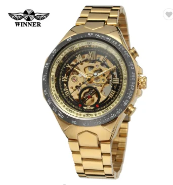 Мужские Роскошные часы от топ бренда Winner, Мужские автоматические механические часы с полой подошвой, золотые часы, стальные механические часы, мужские часы в подарок