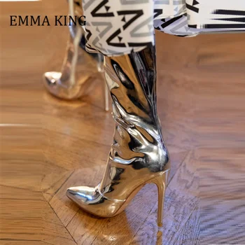 

2020 Runway Women Boots Gold Silver Mirror Leather Over The Knee Women Boots 12cm Super High Heels Long Boots Women Size 43