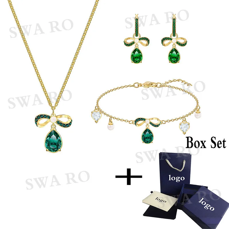 

2019 New BLACK BAROQUE Pendant Set Gold Green Water Drop Bow Decoration Crystal High-end Quality Women's Jewelry Wedding Set