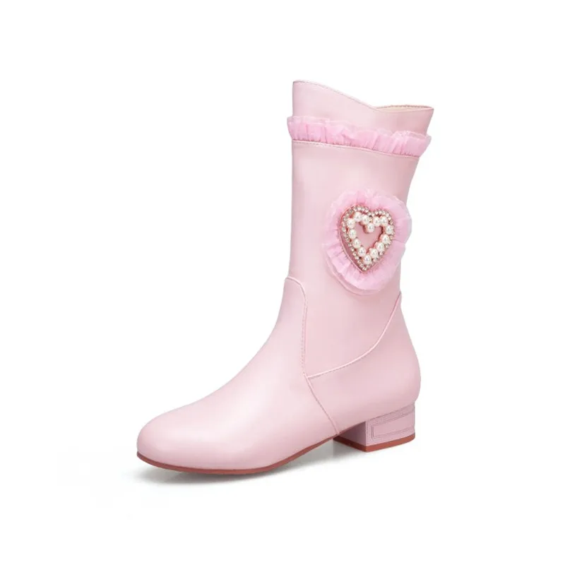 PXELENA Romantice/сердцевидный жемчуг; Свадебная обувь для невесты; белые кружевные туфли с оборками на низком каблуке; Милая обувь в стиле Лолиты; цвет розовый; большие размеры 34-43
