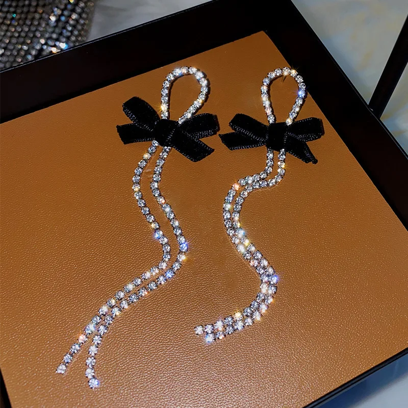 Women Earrings Crystal Long-Tassel Bowknot Contracted Metal Shiny Black Fashion Senior
