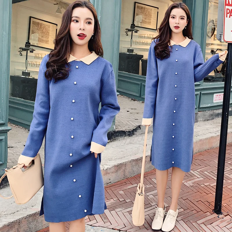 

Large Size Dress Fat Mm Autumn And Winter Korean-style Beads Peter Pan Collar Sweater Dress Mid-length by Age Knit Low Waist Jer
