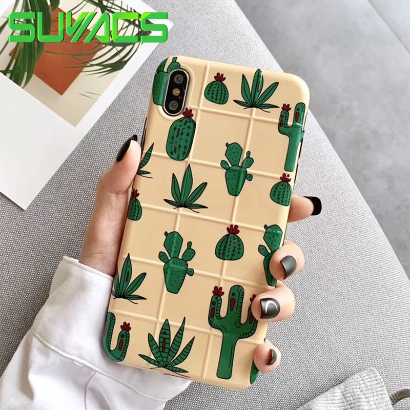 

SUYACS New Vintage Artist Cactus Phone Case For iPhone 7 8 Plus XR X XS Max 6 6S Grid Daffodil Soft IMD Phone Housing Bag Cover