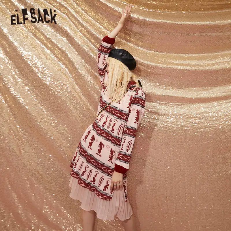 ELFSACK Cartoon Jacquard High Waist Casual Knit