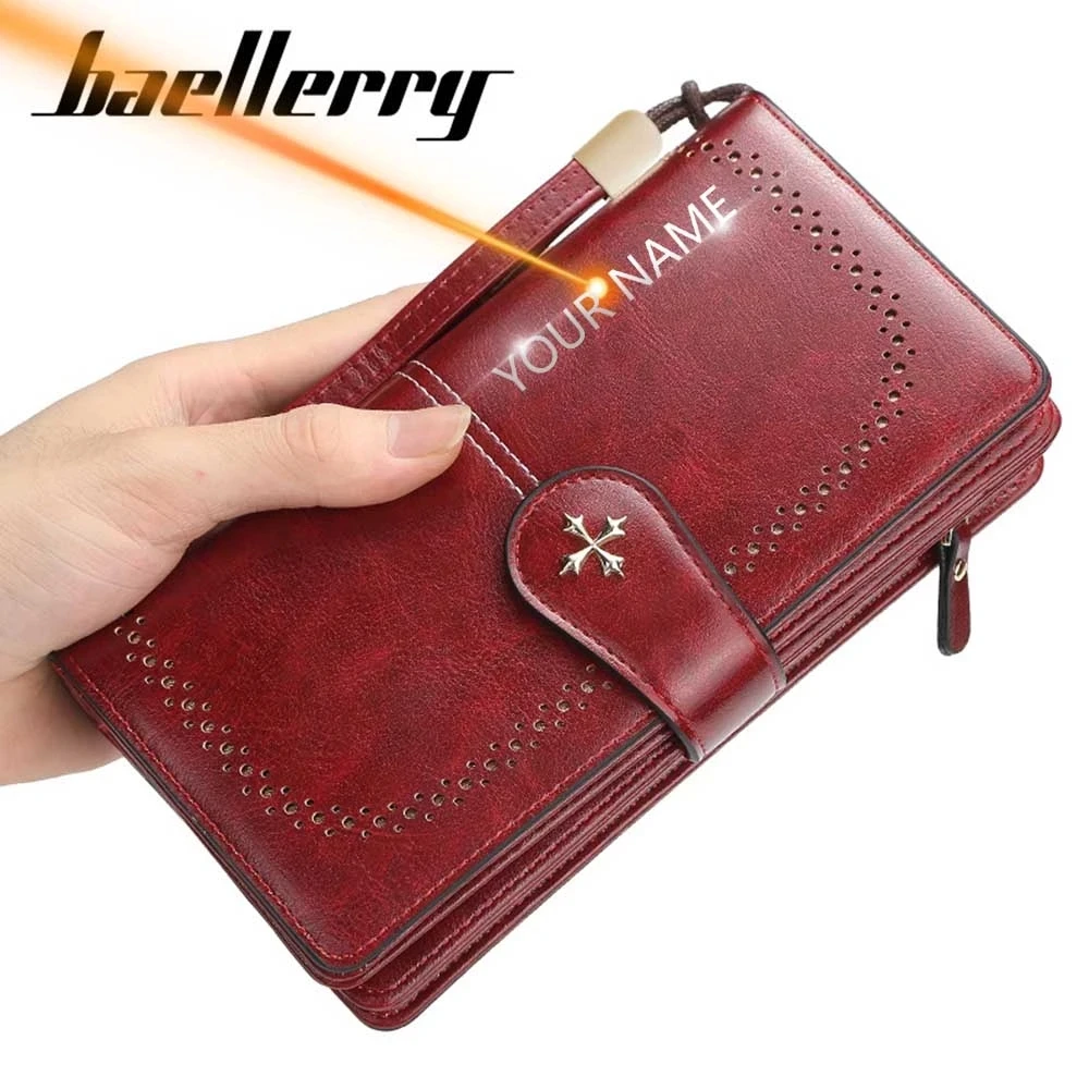 Hot Custom Name Women Wallets Name Engraving Hollow Out Long Wallet Fashion Top Quality PU Leather Card Holder Wallet For Women