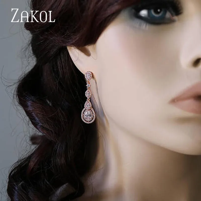 ZAKOL Роскошные висячие серьги с кубическим цирконием, длинные висячие элегантные серьги для женщин, свадебные ювелирные изделия FSEP2114