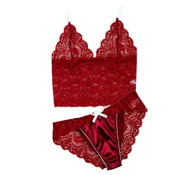 

Sexy 2 Pcs Women Lingerie Set, Hollow Out Floral Lace Tank Top + Panties With Bowknot New Fashion