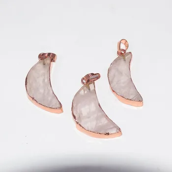 

Natural Slice Rose Crystal Quartz moon pendant female 2019 Rose Gold Slab Pink crystal quartz love horn necklace pendant women