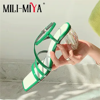 

MILI-MIYA New Arrival Sexy Women Full Genuine Leather Sandals Ankle Wrap Buckle Strap Square Toe Crystal Heels Dress Party Shoes
