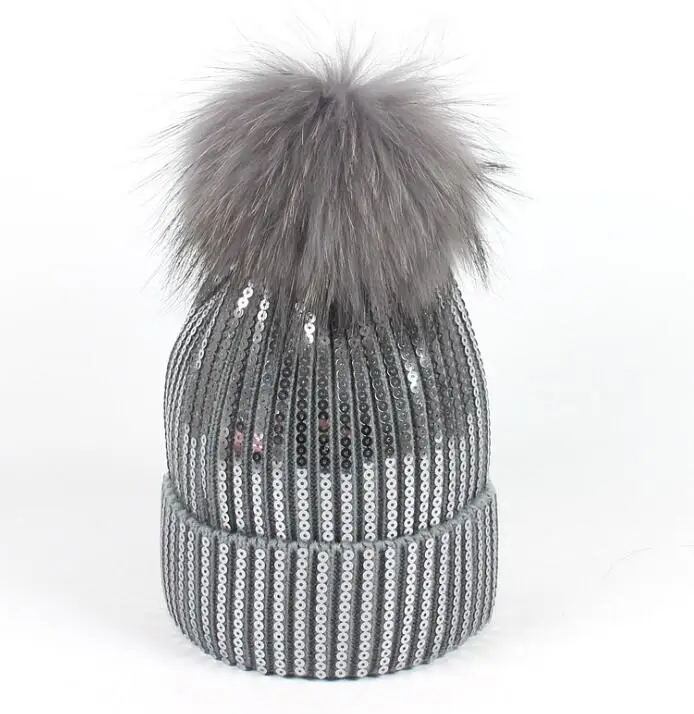 Зимняя шапка для девочек, шапка с натуральным норковым помпоном, детские шапки для мальчиков, 0751 - Цвет: Темно-серый