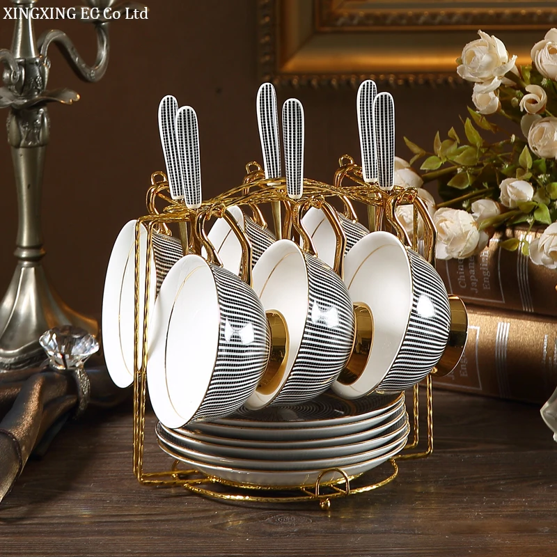 High Quality Bone China Coffee Cup Creative Silver Grey Striped Phnom Penh Tea Set Romantic Afternoon Flower Saucer | Дом и сад