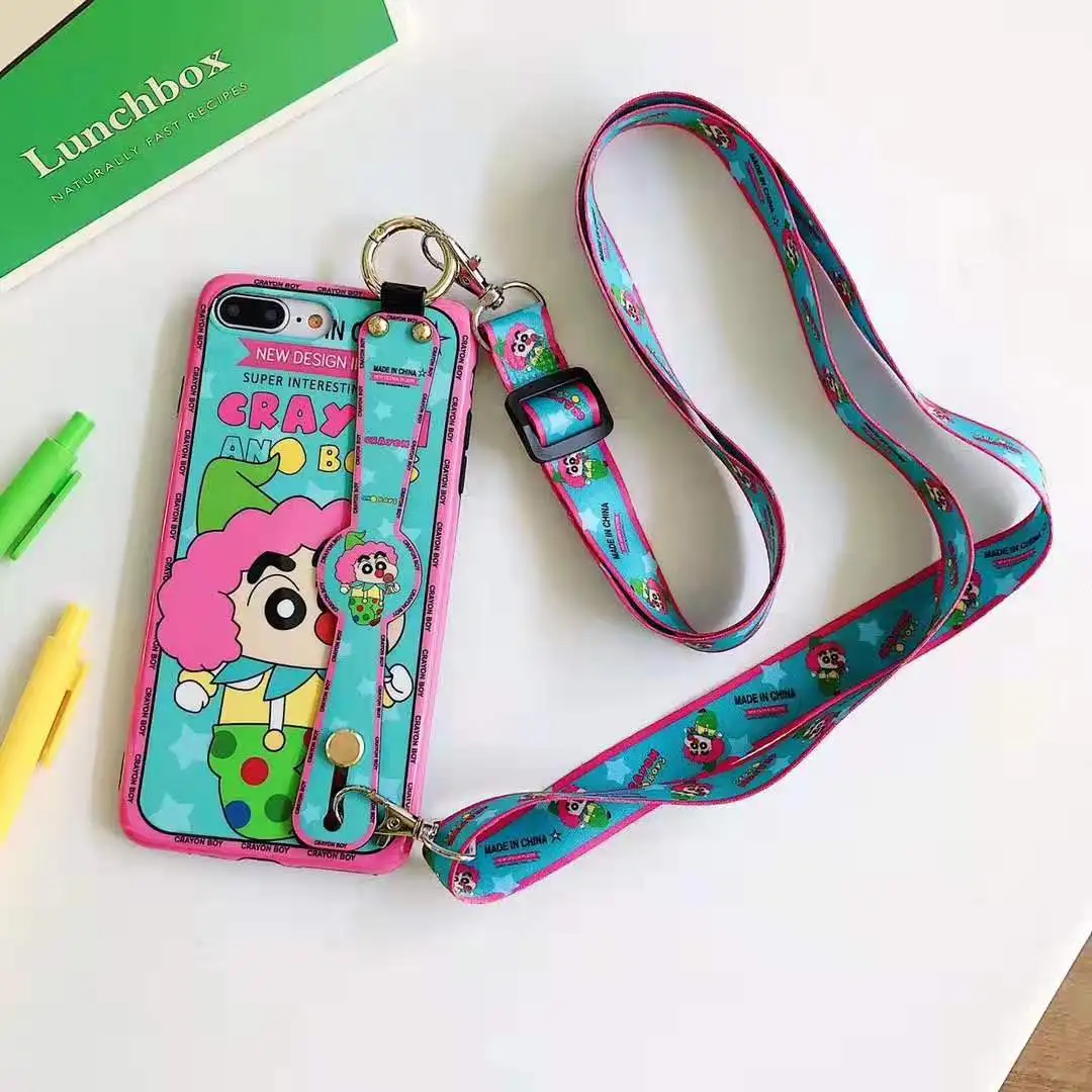 

Cute Japan Crayon Shinchan funny Wrist stand Case for iphone 6 6s 7 8 plus x xr xsmax soft IMD luxury Shoulder Rope phone cover