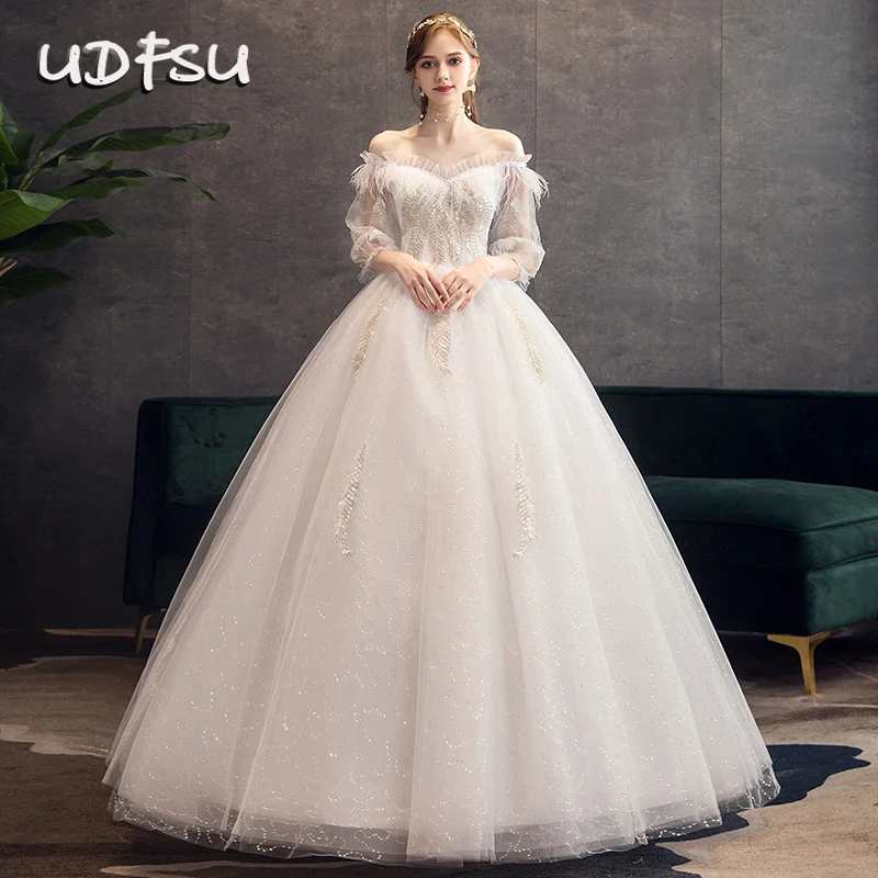 #Special Offers UDFSU Vrouwen Boothals Elegante Trouwjurken Applicaties Lace Baljurken Eenvoudige Vintage Tulle Prinses Trouwjurk