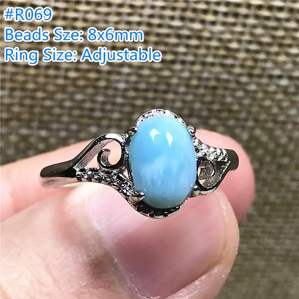 Natural Blue Larimar Ring Jewelry For Woman Lady Man Silver 8x6mm Oval Beads Dominica Water Pattern Stone Adjustable AAAAA | Украшения и
