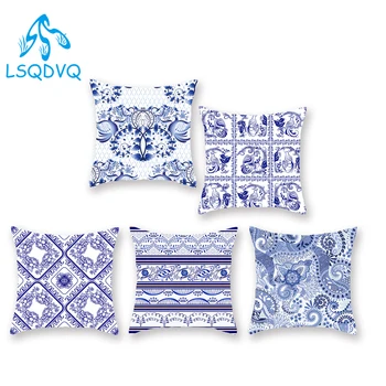 

Blue and White Porcelain 100% Polyester Boho Geometric Mandala Throw Pillows Cushion Covers for Sofa Home Living Room Decoration