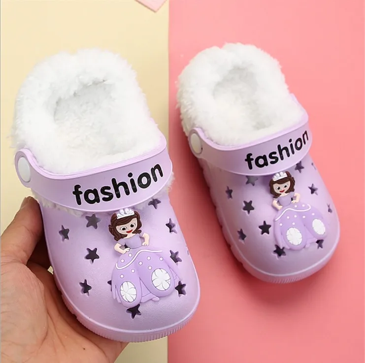 Kitty Snow White Girl Winter Clogs Warm Fur Children's Indoor Shoes Home Hole Mules Navy Cute Pins Sandal EVA Flat Boy Shoes