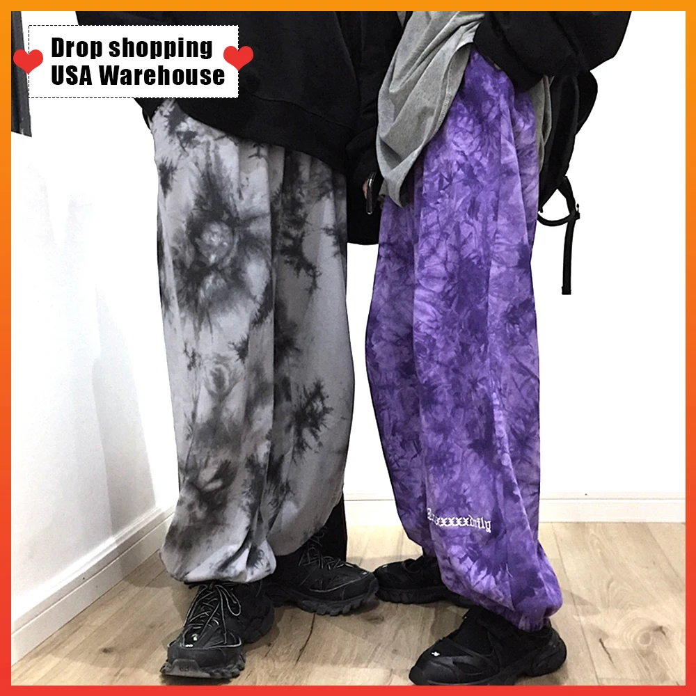 

OUSHANG chic female elastic waist casual pantalones mujer bow trousers New Women vintage ink tie dyed painting jogging pants