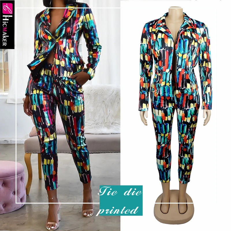 Women Plus SizeTwo Piece Matching Sets Tie Die Printed Long Sleeve Blazer& High Waist Bodycon Skinny Pants Chic Suit