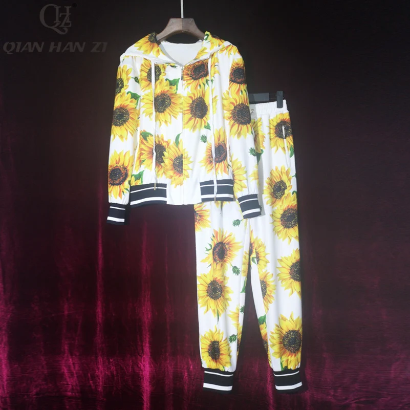 

Qian Han Zi Designer fashion two piece set Women's Long Sleeve Hooded Jacket and Sunflower Printed Casual Pants Suit set