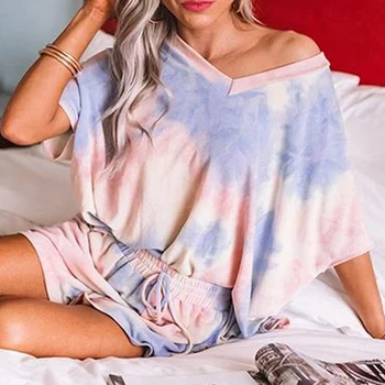 

Women Tie Dye Print Short Pajamas Set V Neck Tops and Shorts Set Plus Size Sleepwear Set