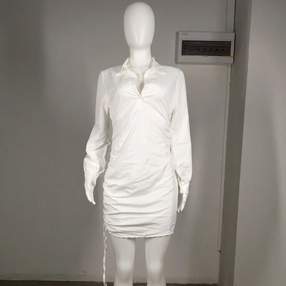 turndown collar drawstring white mini dress