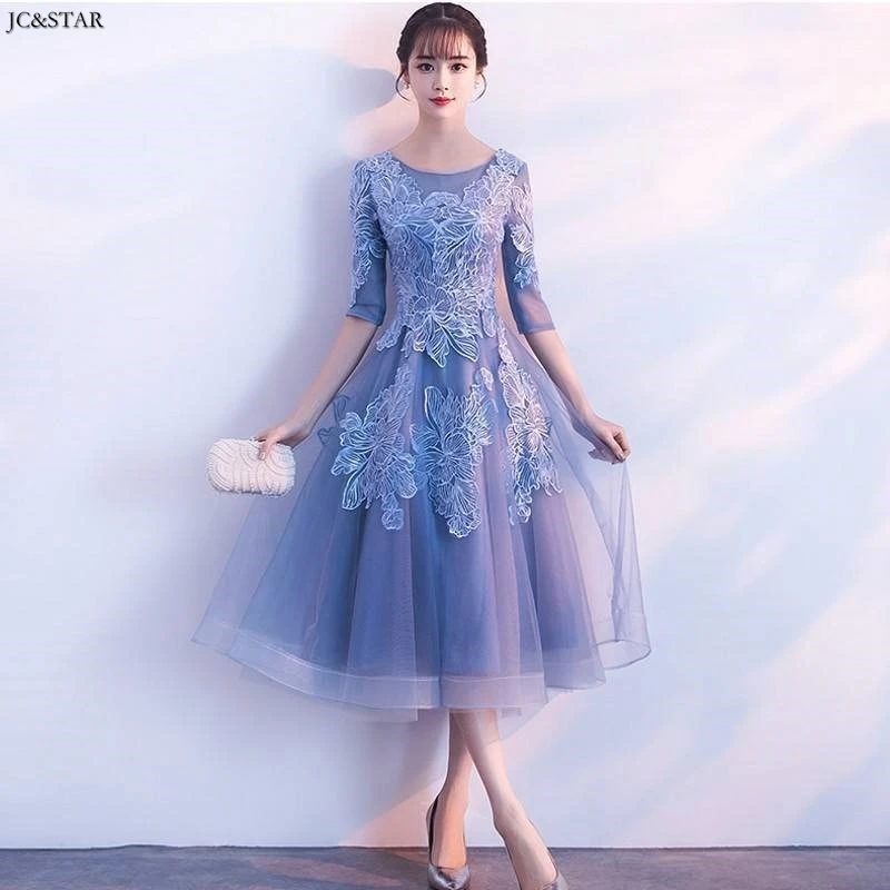 Vestidos de fiesta largos elegantes de gala boda Черпак шеи Кружева Половина рукава линия Серебряный Розовый пыльно-синий платье подружки невесты