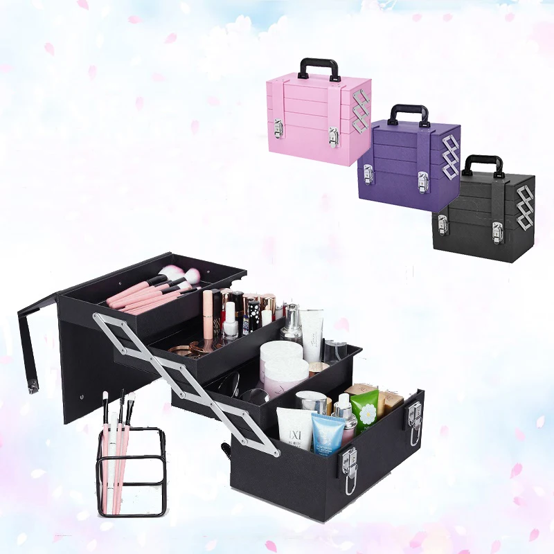 New hot Women Retro Cosmetic case,lady Nails Makeup Toolbox,Foldable Beauty Box Luggage Suitcase,girls cute pink Tattoo hangbag
