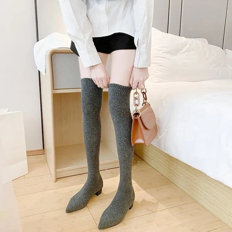 Черные, Серые вязаные эластичные гетры до бедра женские ботфорты выше колена г. Пикантная тонкая осенне-зимняя женская обувь