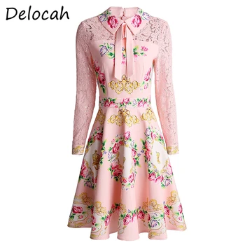 

Delocah Spring Summer Fashion Ruwan Women Long Sleeve Gorgeous Lace Floral Printed Elegan Slim A-line Short Dresses Vestidos
