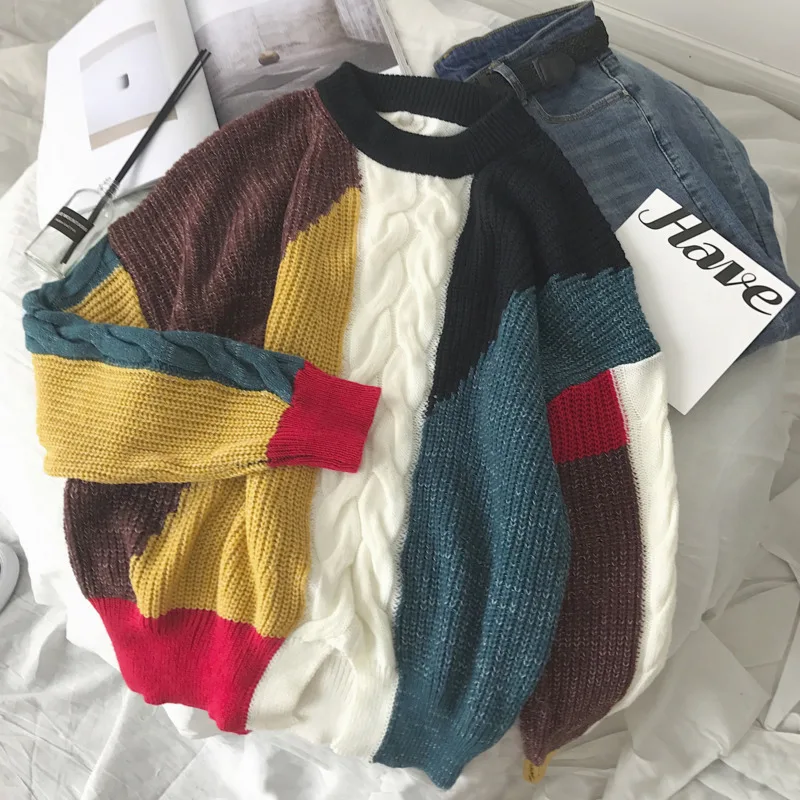 

UYUK2019 Autumn And Winter Models Trend Street Loose Casual Multicolor Stitching Contrast Color Men's Round Neck Sweaters