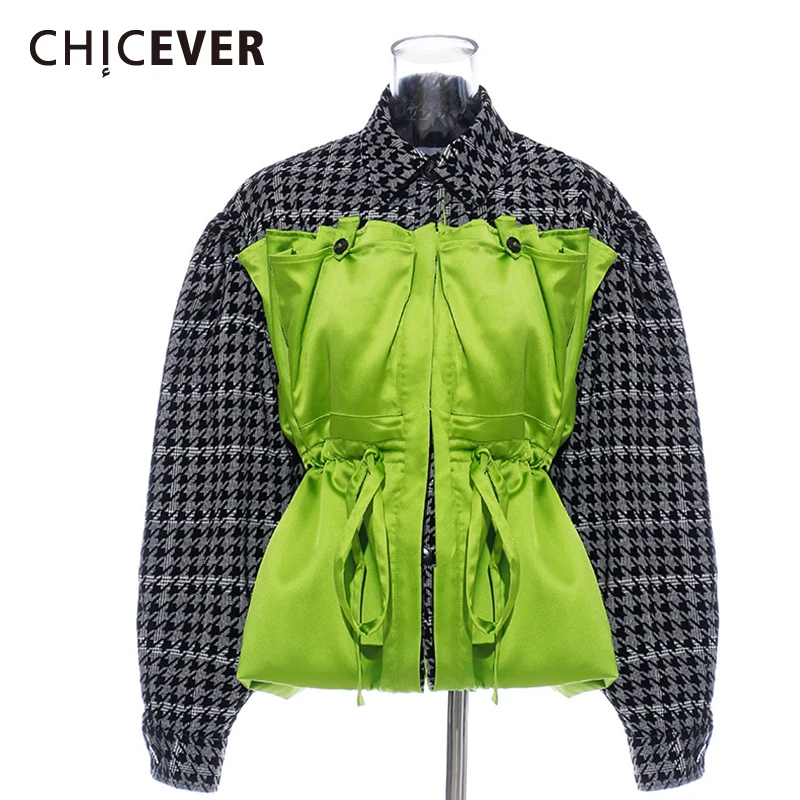 

CHICEVER Patchwork Hit Color Jacket Women Lapel Collar Lantern Long Sleeve High Waist Drawstring Female Coats 2019 Fashion New