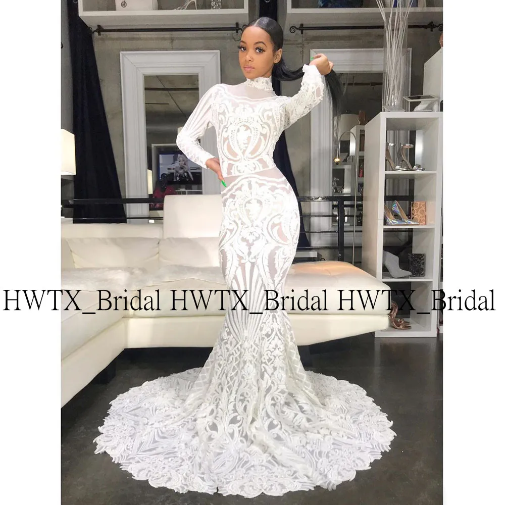 

Elegant White Long Prom Dresses 2020 High Neck Long Sleeves Mermaid Sequin African Black Girls Gala Prom Dress Graduation Gown