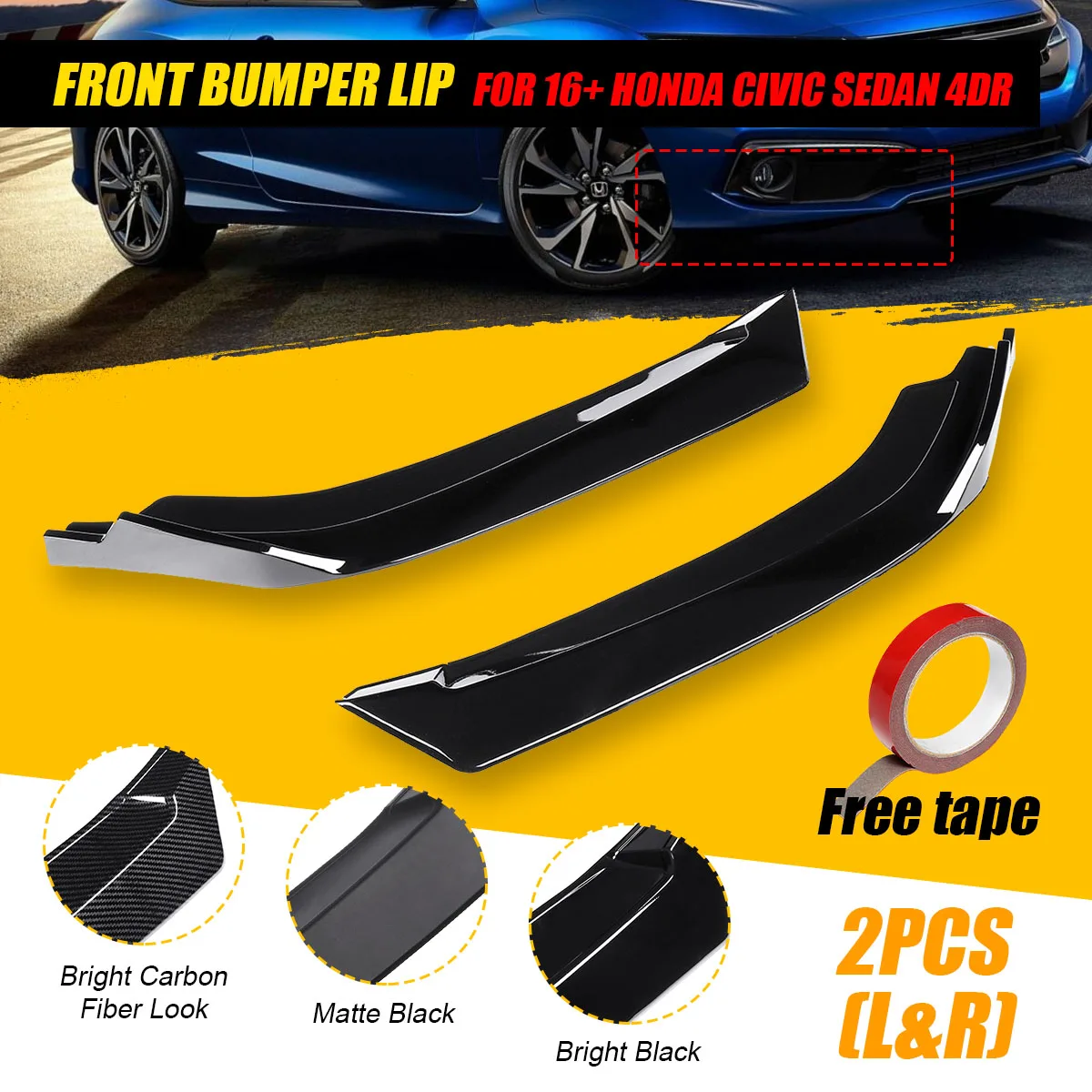 

2PCS Universal Car Front Bumper Lip Splitter Fins Body Spolier Diffuser Protaction Guard For Honda For Civic Sedan 4Dr 2016-2018