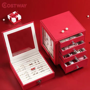 

COSTWAY 5 Layers Portable Jewelry Box Organizer Ring Stud Earrings Jewelry Storage Box With Mirror Faux Leather Box W0612