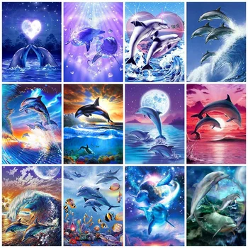 

Diy 5D Full Diamonds Painting Cute Dolphin Embroidery Mosaic Cross Stitch Ocean Landscape Home Decoration Painting