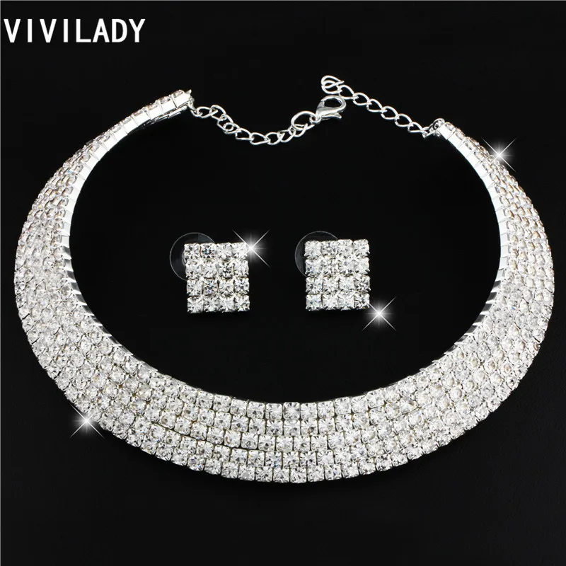 VIVILADY Fashion Crystal Statement Chokers Jewelry Sets Women Silver Color Rhinestone Layers Bijoux Accessory Lady Wedding Gift | Украшения