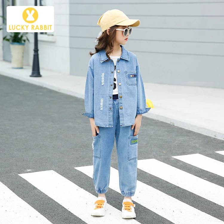 Fall Kids Girls Long Sleeve Denim Jacket Autumn Set Outfit Sports Style Design Jeans Girls Clothing Denim Sets