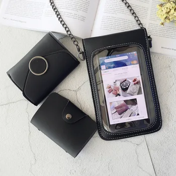 

3PCS Transparent Mobile Phone Bag Sets Cell Phone Pouch Touch Screen Wallet Card Pocket Combination Women Leather Phone Coin Bag