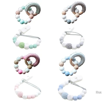 

New Baby Shower Gift Pacifier Chain Silicone Beaded Wooden Bracelet Set