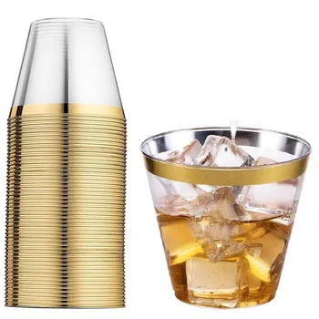 

9OZ Clear Plastic Cups Disposable Wedding Party Gold Bronzing Plastic Cup Silver Rose Gold Bulk Party Drinking Accessories 50pcs