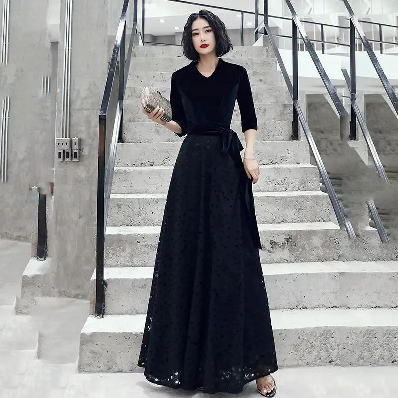 Элегантный черный тонкий Cheongsam вечернее платье сексуальное женское большой размер 3XL фонарь рукав Qipao с поясом осень Новинка Vestidos - Цвет: Style 2