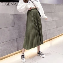 Женская плиссированная длинная юбка TIGENA, школьная юбка с высокой талией в корейском стиле для женщин на осень