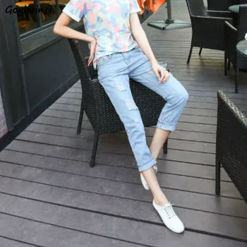

Jeans Women Plus Size Blue Hole Ankle-length Denim Loose Korean Style Fashion All-match Leisure Simple Womens Straight Daily New