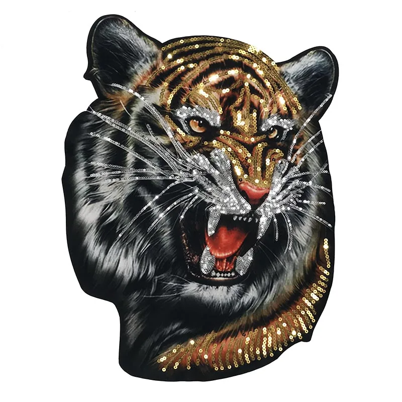1 Piece Large Tiger Head Sequins Embroidered Printing Patch Clothes Applique Sew On Patches For T-Shirt Coat