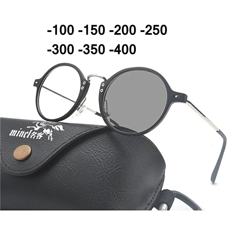 Round Photochromic Finished Myopia Glasses Photosensitive Chameleon Antiglare Change Color Lens