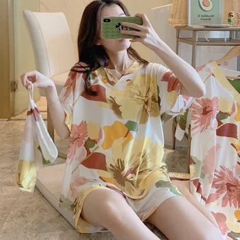 

Pijamas Women Korean Sleepwear Casual Print V-neck Pajamas Set Loose Homewear Flower Pyjama Femme Fashion Sleep Tops+Shorts S418