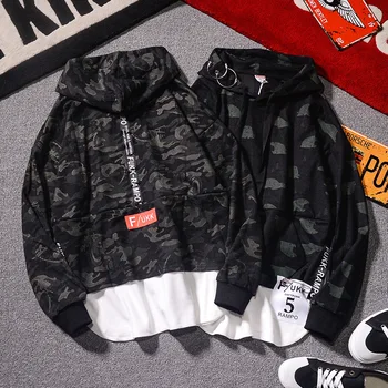 

Autumn hooded fake two sweatershirt men's trendy loose camouflage coat Harajuku port style couples