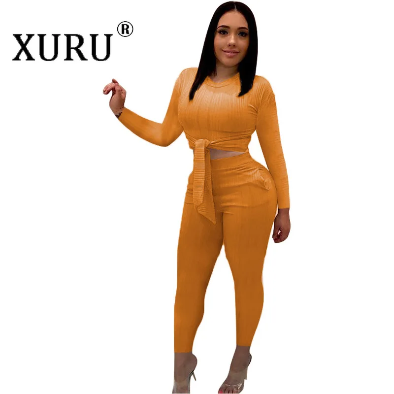 XURU осенне зимний новый женский однотонный трикотажный комбинезон из двух