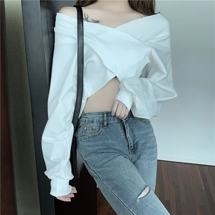 Женская одежда, весна-осень, корейские короткие топы ulzzang, сексуальные одноцветные футболки, хипстер, с вырезом лодочкой, с длинным рукавом, модные футболки с v-образным вырезом